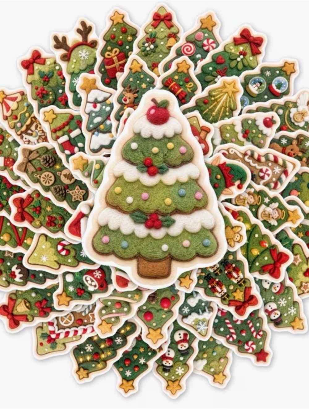 50 Felt Christmas Tree Stickers Green Red Ornament Decorations Elf Santa Cocoa